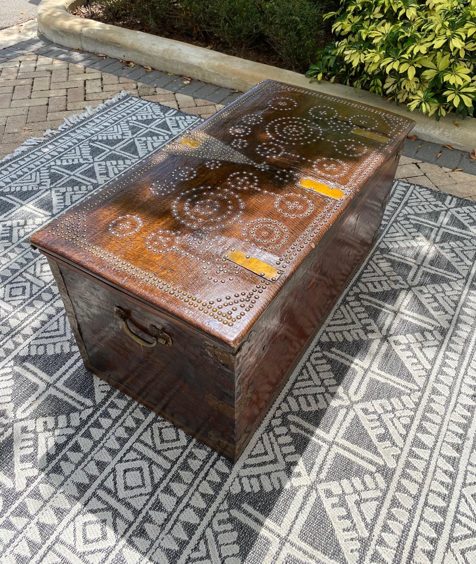 19th Century Antique Zanzibar Chest in Teak Wood and Brass Studs 6