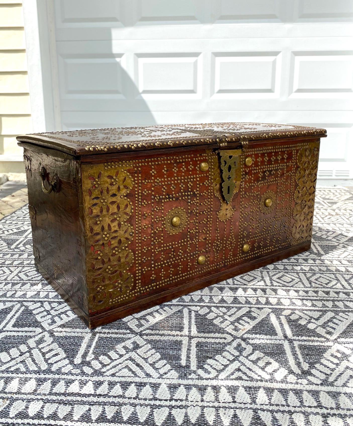 Tribal 19th Century Antique Zanzibar Chest in Teak Wood and Brass Studs