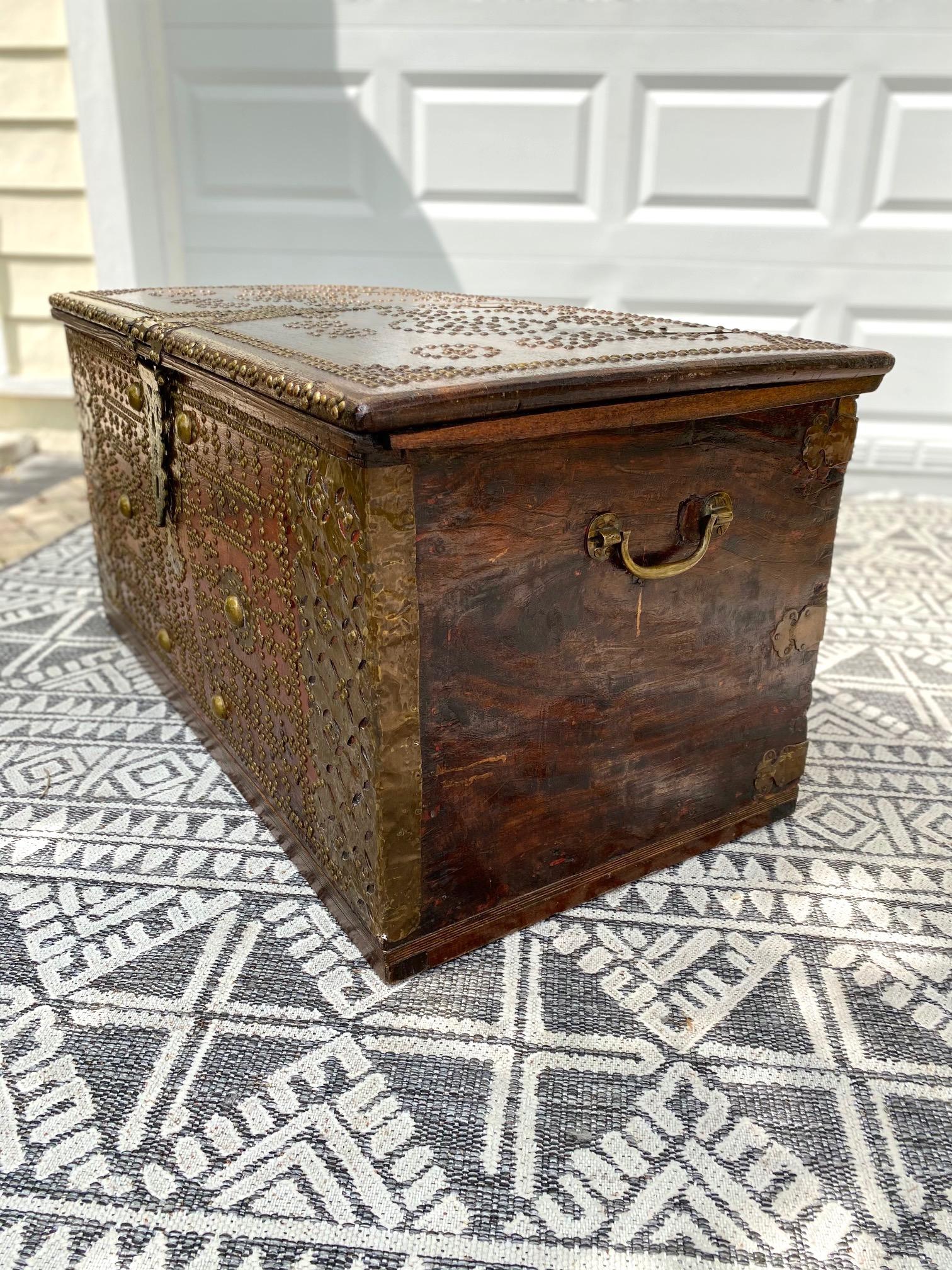 Hand-Carved 19th Century Antique Zanzibar Chest in Teak Wood and Brass Studs