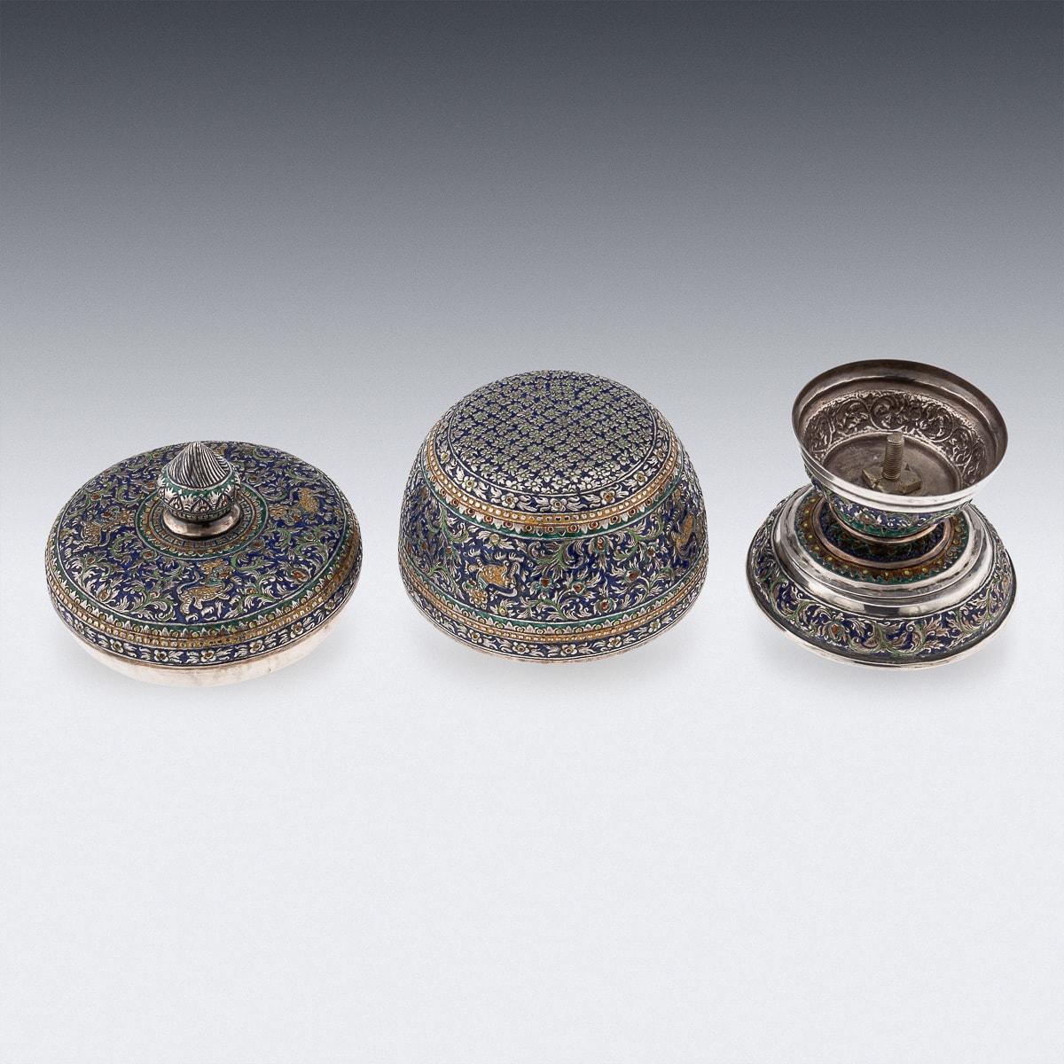 Antike 19. Jahrhundert Thai massivem Silber & Emaille bedeckt Schüssel & Stand c.1880 1
