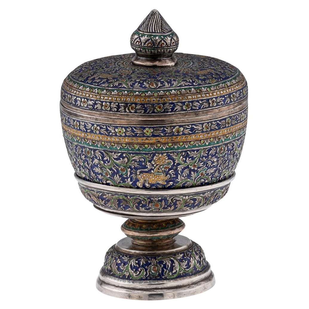 Antike 19. Jahrhundert Thai massivem Silber & Emaille bedeckt Schüssel & Stand c.1880