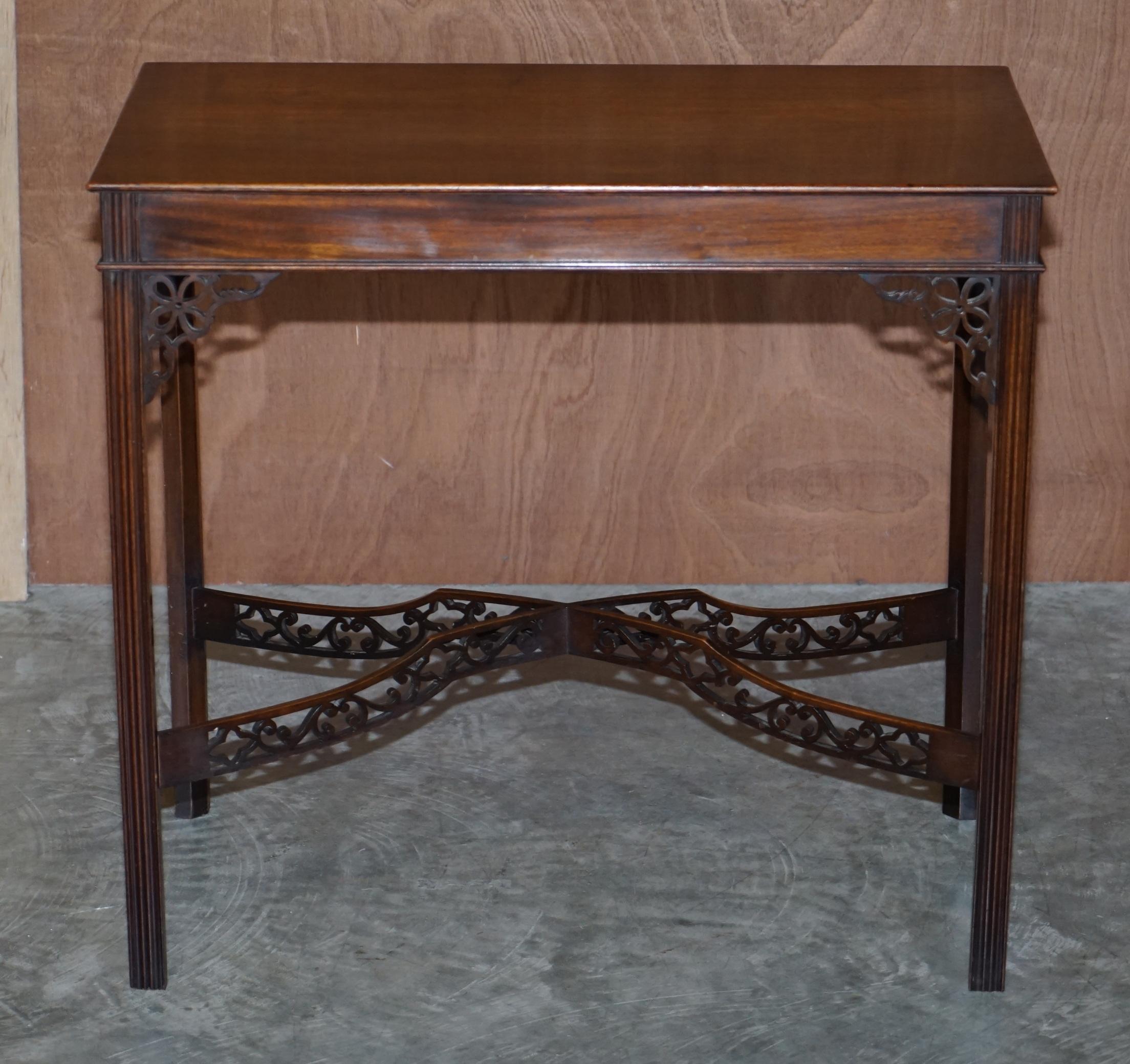 We are delighted to offer this very rare, restored, Thomas Chippendale style, Fret work carved, occasional silver tea table in Mahogany with serial number stamped base

This table is stunning, I would say late 19th, the timber patina is exquisite