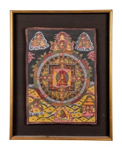 Antique 19th Century Tibetan Buddhist Mandala Thangka With Meditation Buddha
