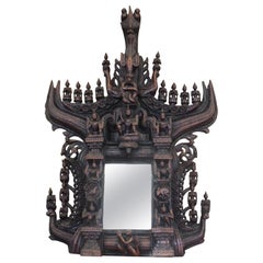 Antique 19th Century Tibetan Hand-Carved Wooden Shrine Mirror