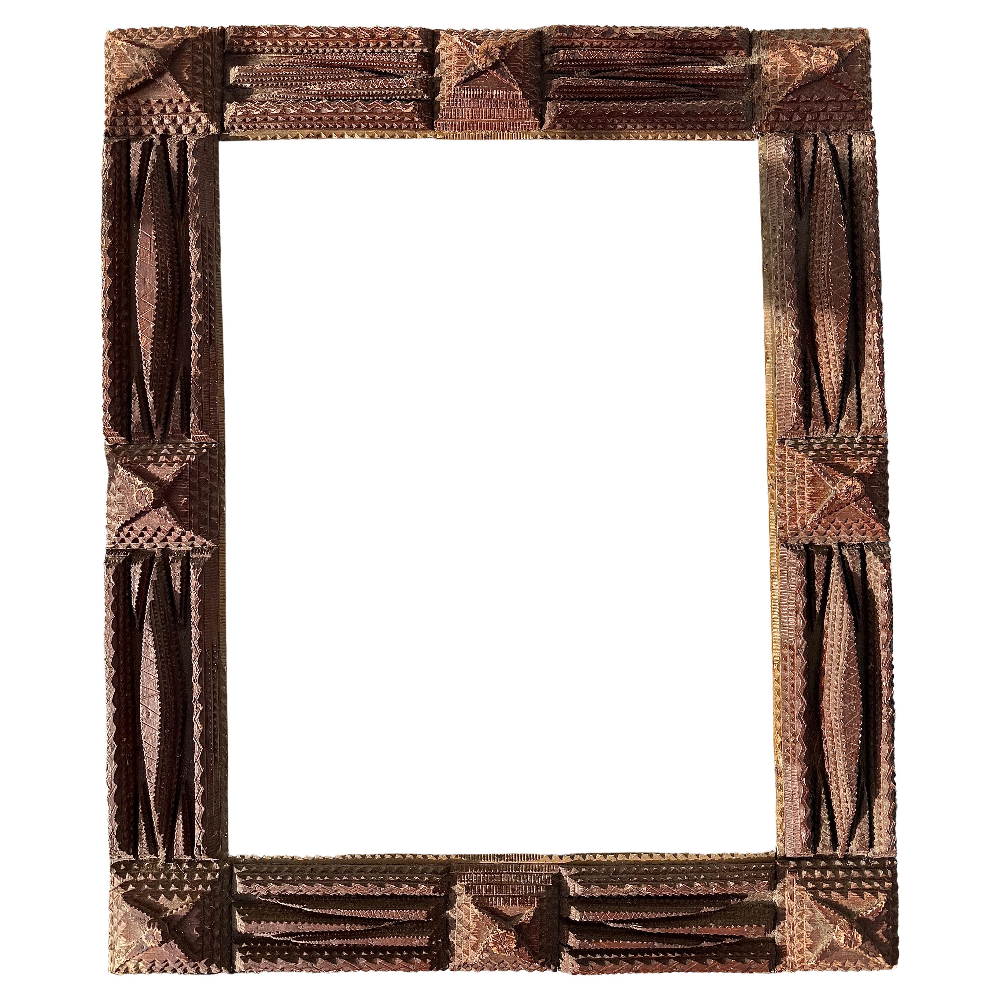 Antique 19th Century Tramp Art Picture Frame Carved Oak Four Petal Flowers