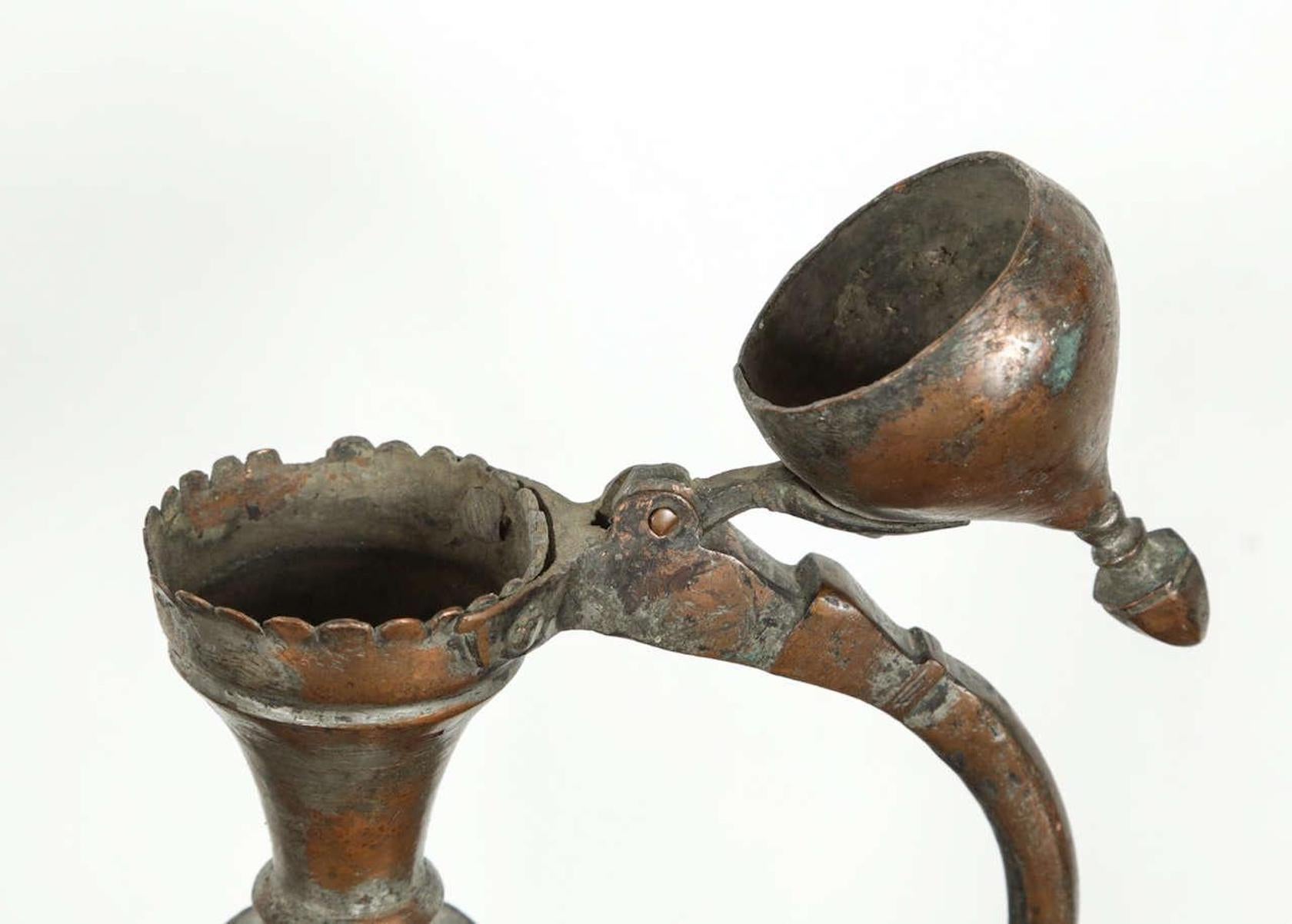 Etched Antique 19th Century Turkish Ottoman Tinned Copper Ewer Pitcher For Sale