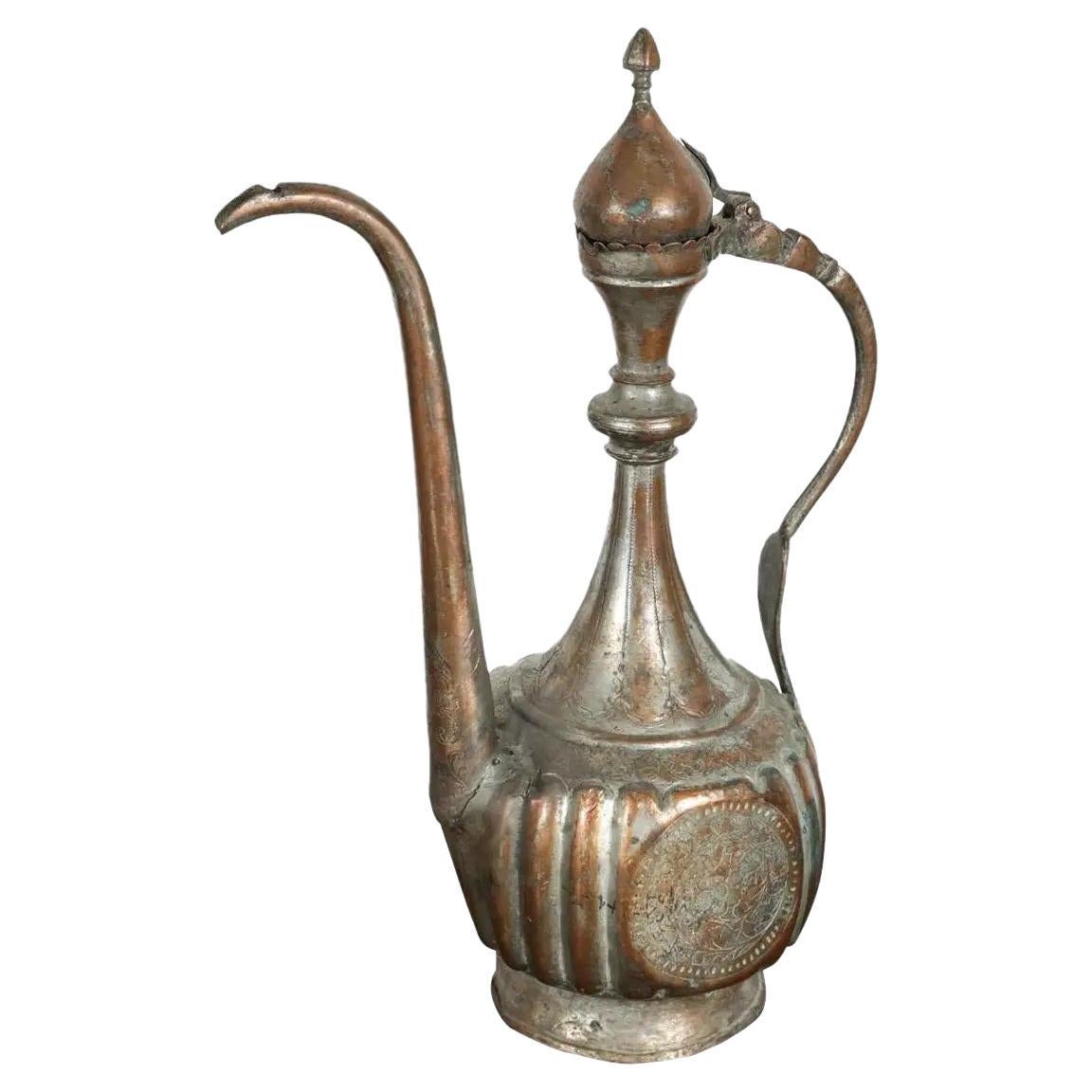 Antique 19th Century Turkish Ottoman Tinned Copper Ewer Pitcher For Sale