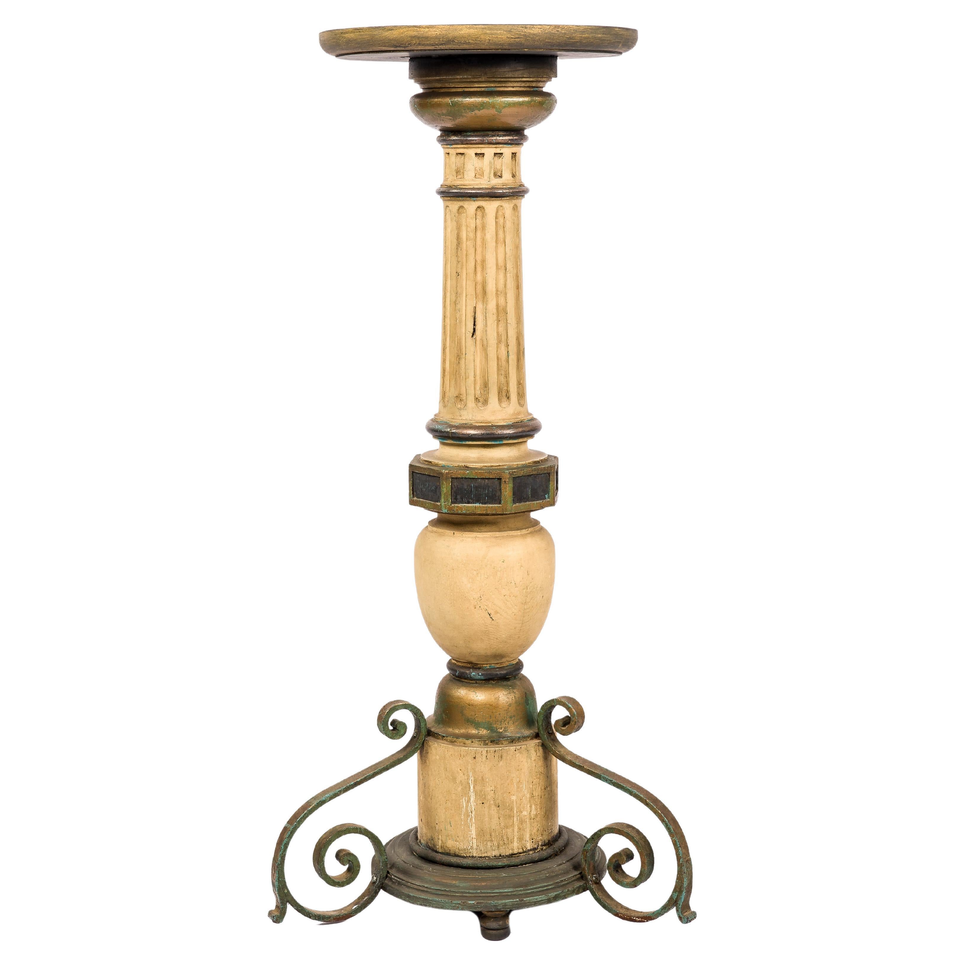 Antike Säule oder Sockel aus gedrechseltem Holz des 19. Jahrhunderts, polychrom bemalt