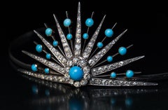 Antique 19th Century Turquoise Diamond Sunburst Tiara