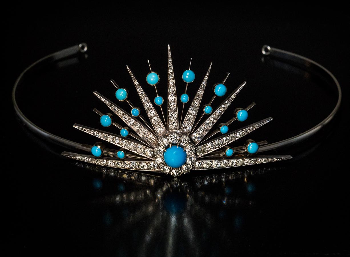 Victorian Antique 19th Century Turquoise Diamond Sunburst Tiara