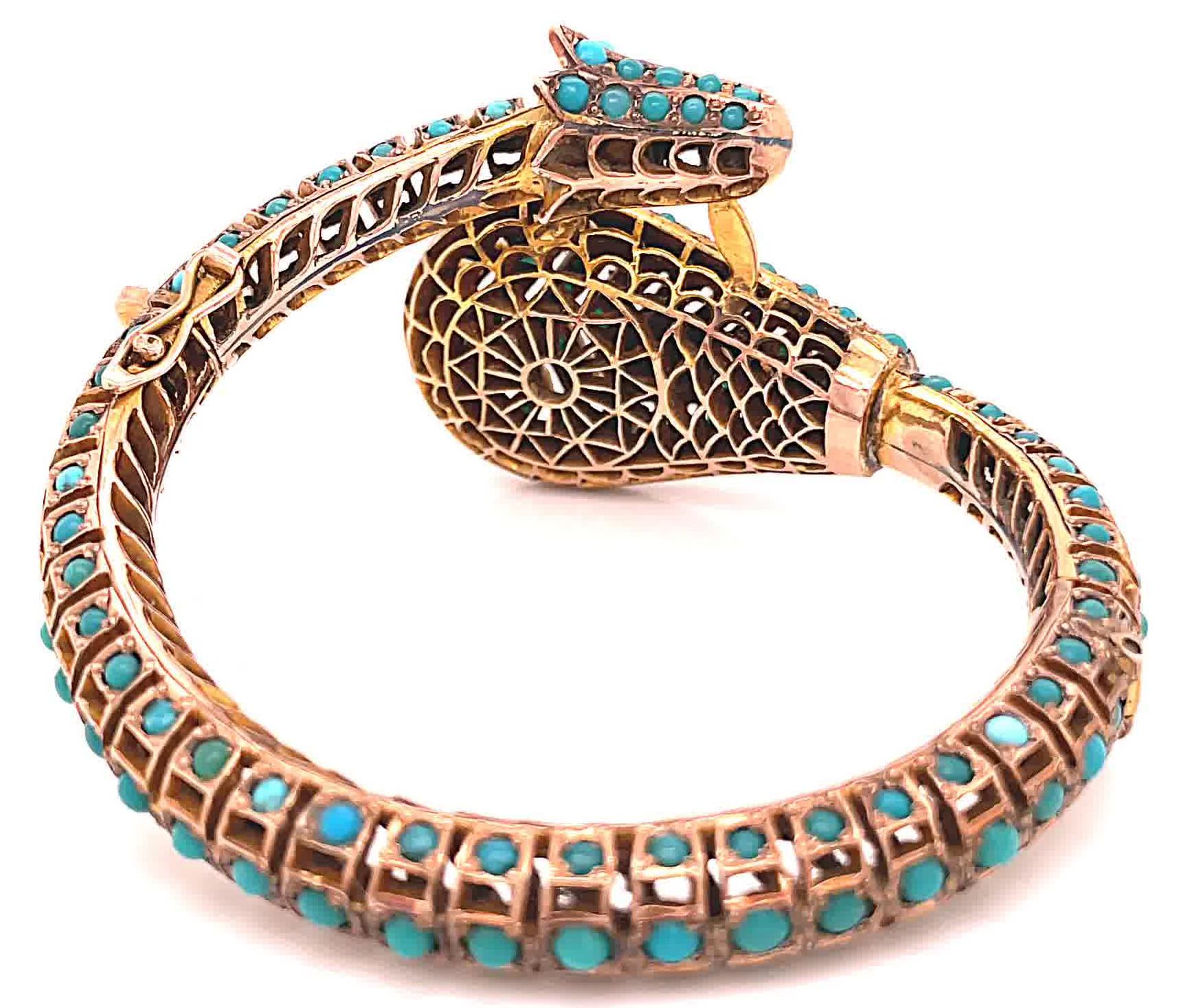 Women's or Men's Antique 19th Century Turquoise Gold Snake Bangle