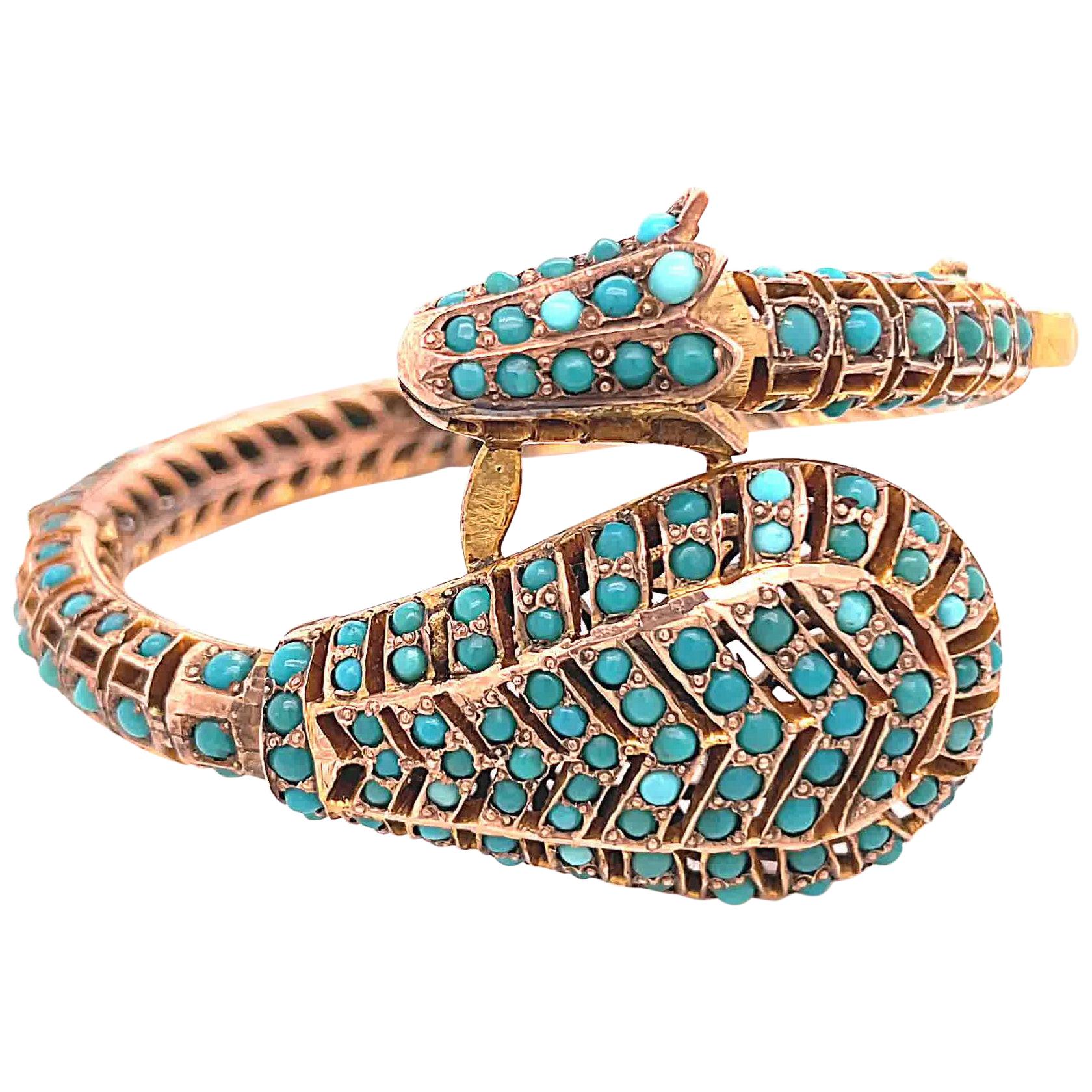 Antique 19th Century Turquoise Gold Snake Bangle