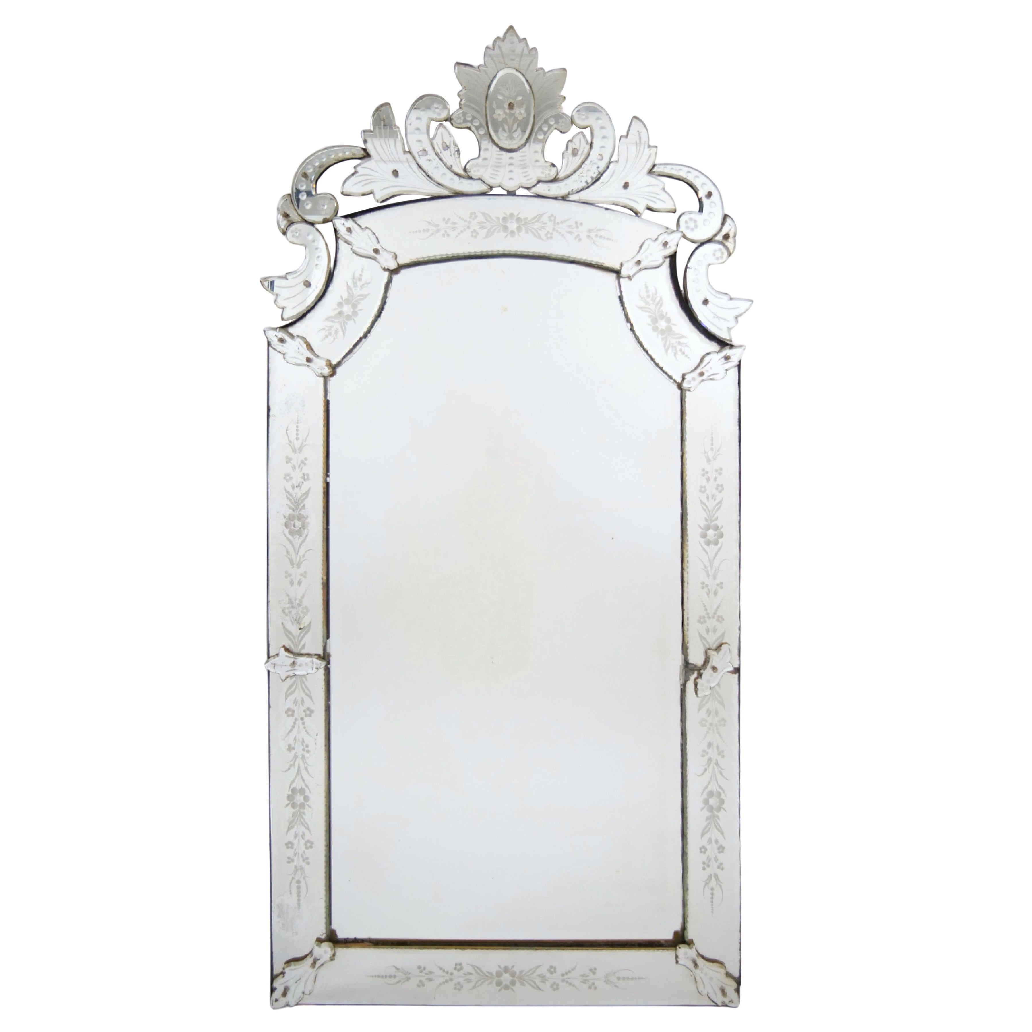 Antique 19th Century Venetian Murano Hand-Engraved Hanging Wall Mirror