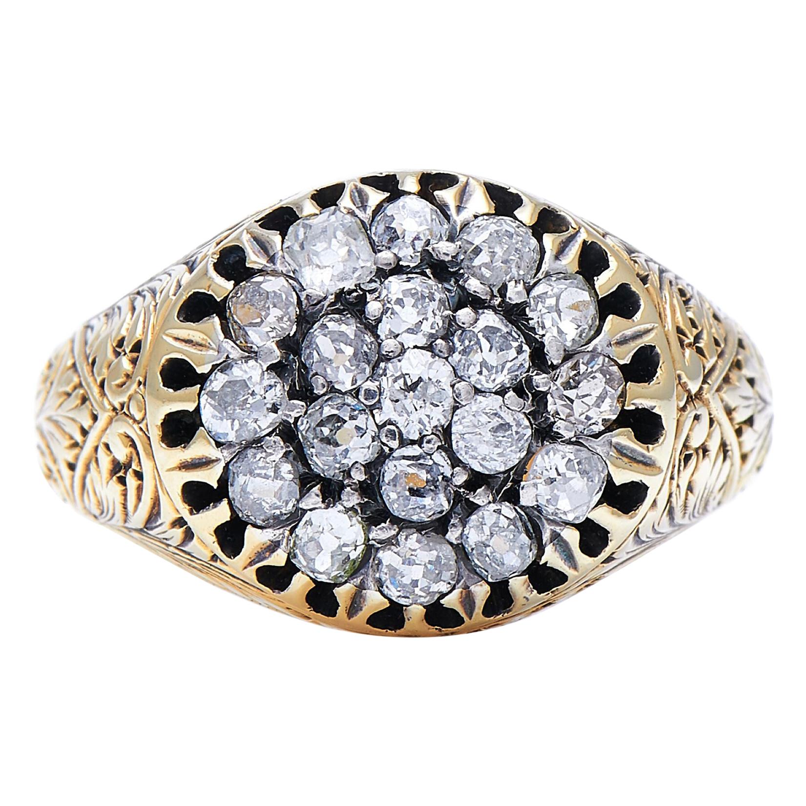 Antique, 19th Century, Victorian, 15 Carat Yellow Gold, Diamond Cluster Ring For Sale