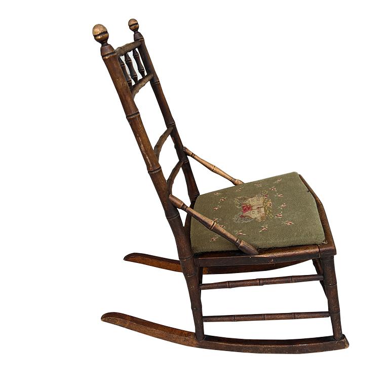 Antique 19th Century Victorian Bamboo-Style Rocking Chair with Needlepoint Seat For Sale 4