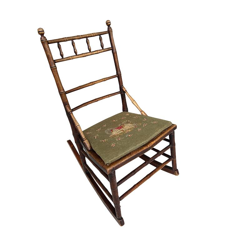 Aesthetic Movement Antique 19th Century Victorian Bamboo-Style Rocking Chair with Needlepoint Seat For Sale