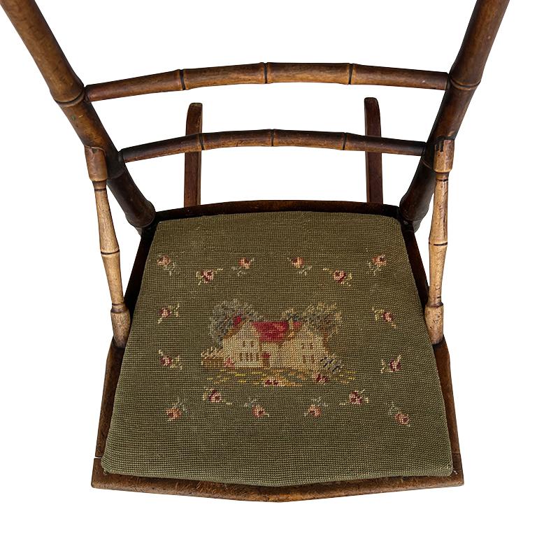 American Antique 19th Century Victorian Bamboo-Style Rocking Chair with Needlepoint Seat For Sale