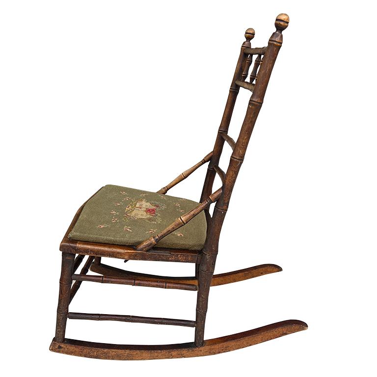 Thread Antique 19th Century Victorian Bamboo-Style Rocking Chair with Needlepoint Seat For Sale