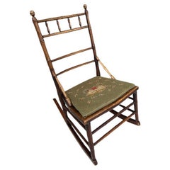 Antique 19th Century Victorian Bamboo-Style Rocking Chair with Needlepoint Seat