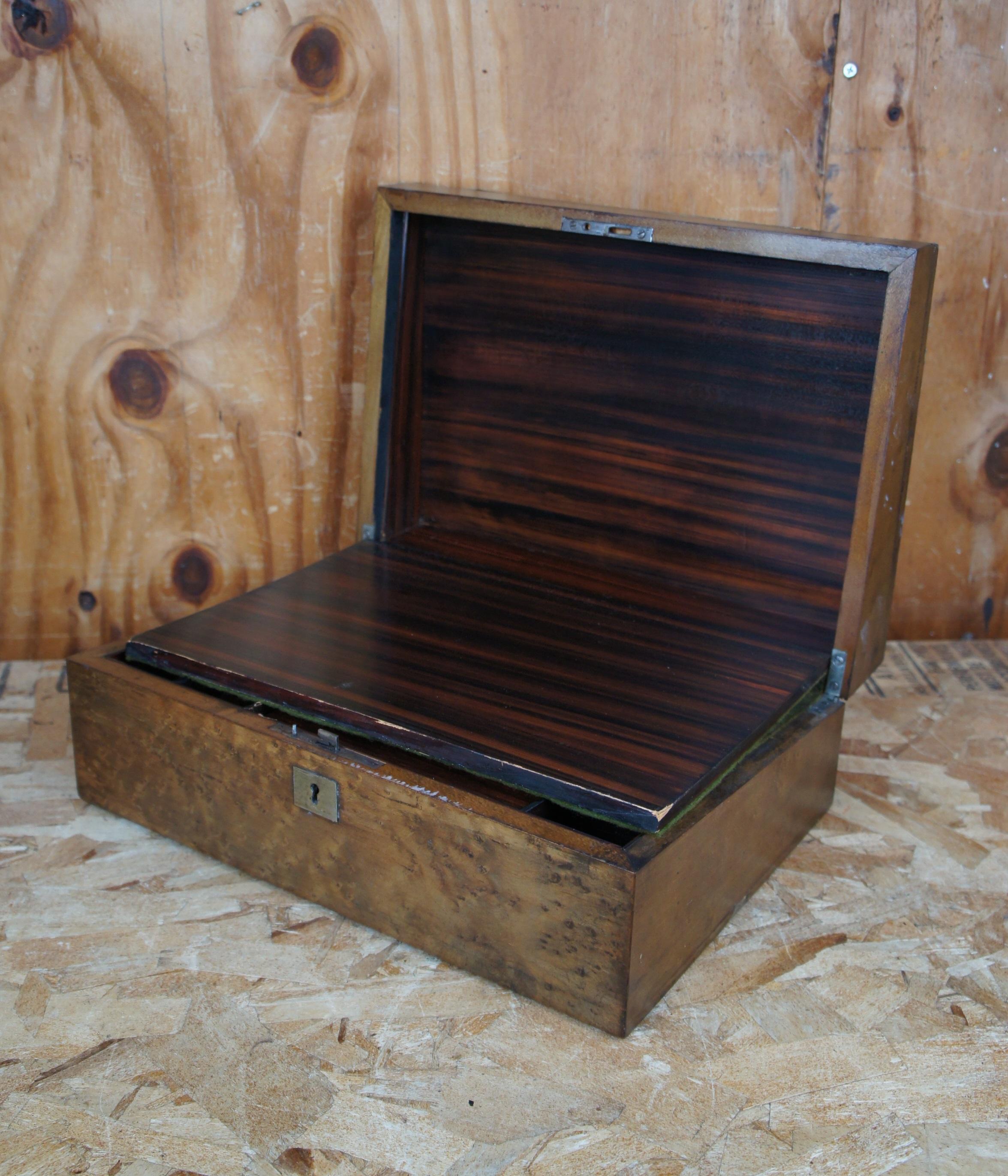 Felt Antique 19th Century Victorian Birdseye Maple Traveling Writing Slope Box For Sale