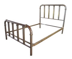Antique 19th Century Victorian Brass Full or Double Size Curved Bed Frame Gold