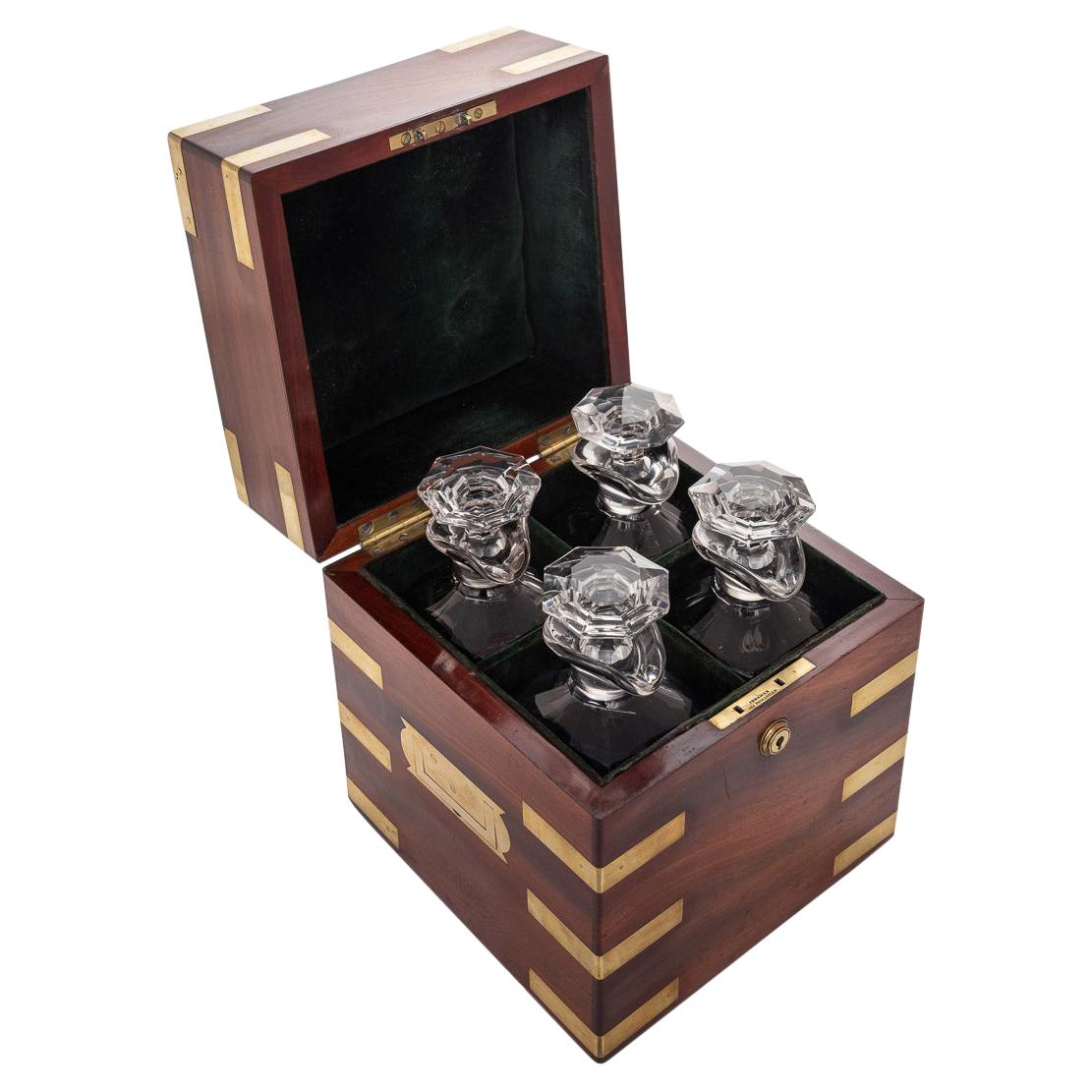 Antique 19th Century Victorian Brass & Mahogany Campaign Decanter Box c1870