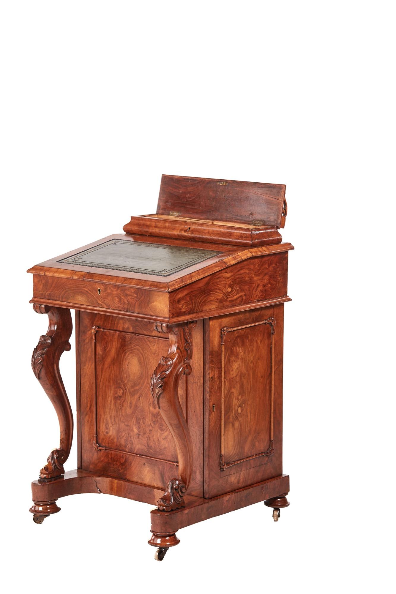 Antique 19th century Victorian antique burr walnut freestanding Davenport having a lift up lid and a writing slope both with fitted interiors, lovely burr walnut front panel, carved cabriole legs, walnut door to the right side opens to reveal four