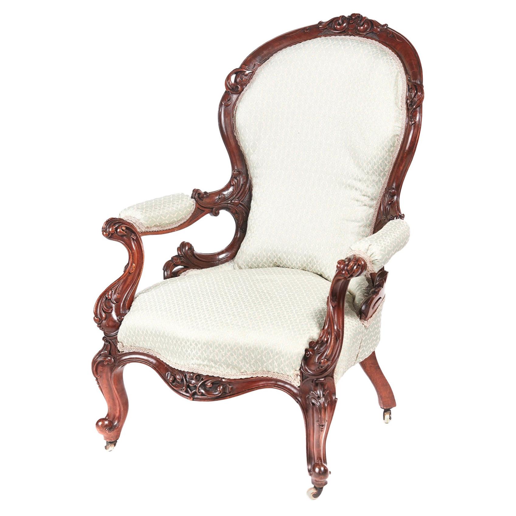 Antique 19th Century Victorian Carved Walnut Armchair