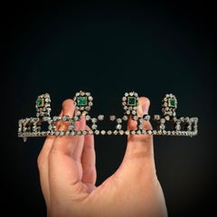 Antique 19ème siècle Victorien Colombien Emeraude Diamant Argent Or Tiare