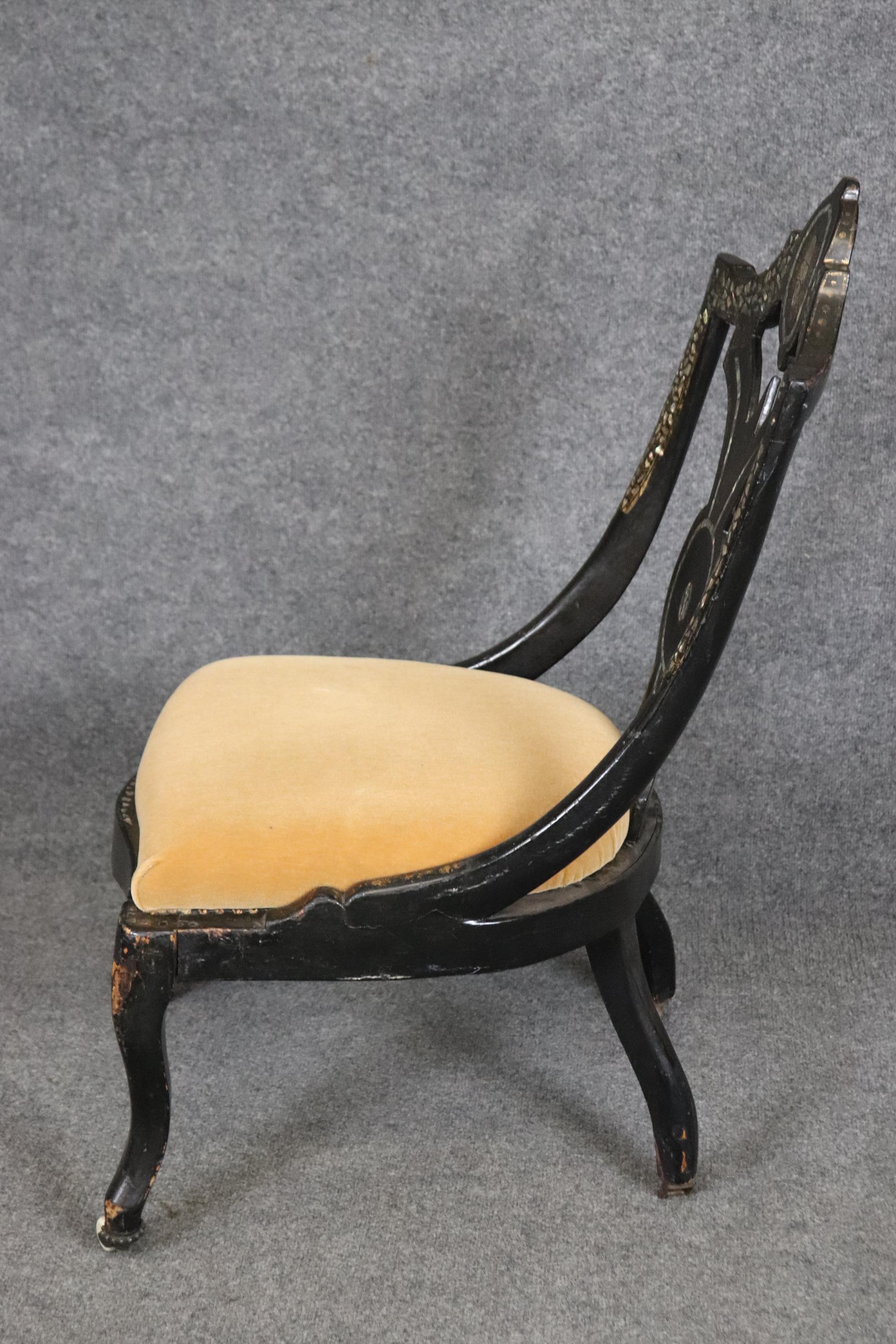 Antique 19th Century Victorian Ebonized Mother of Pearl Inlaid Slipper Chair In Fair Condition For Sale In Swedesboro, NJ