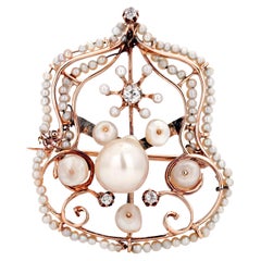 Antique 19th Century Victorian Gold Brooch Pendant with Pearls and Diamonds.