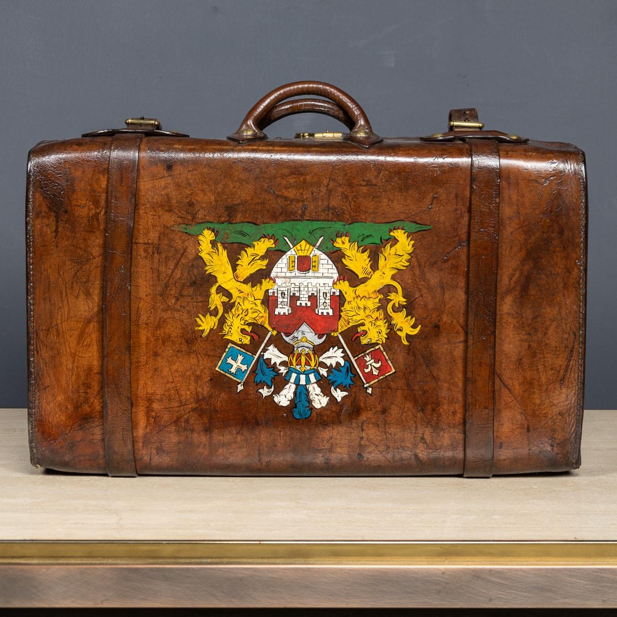 British Antique 19th Century Victorian Leather Suitcase With Painted Crest c.1850 For Sale