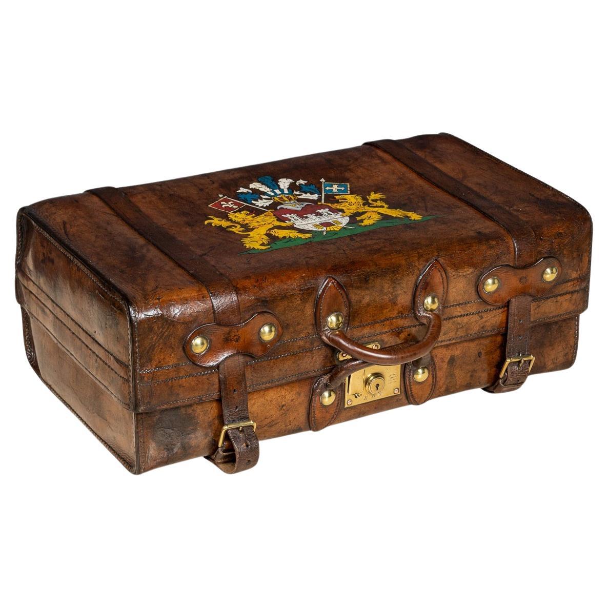 Antique 19th Century Victorian Leather Suitcase With Painted Crest c.1850 For Sale