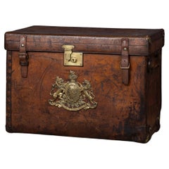 Antique 19th Century Victorian Leather Trunk With Brass Crest c.1890