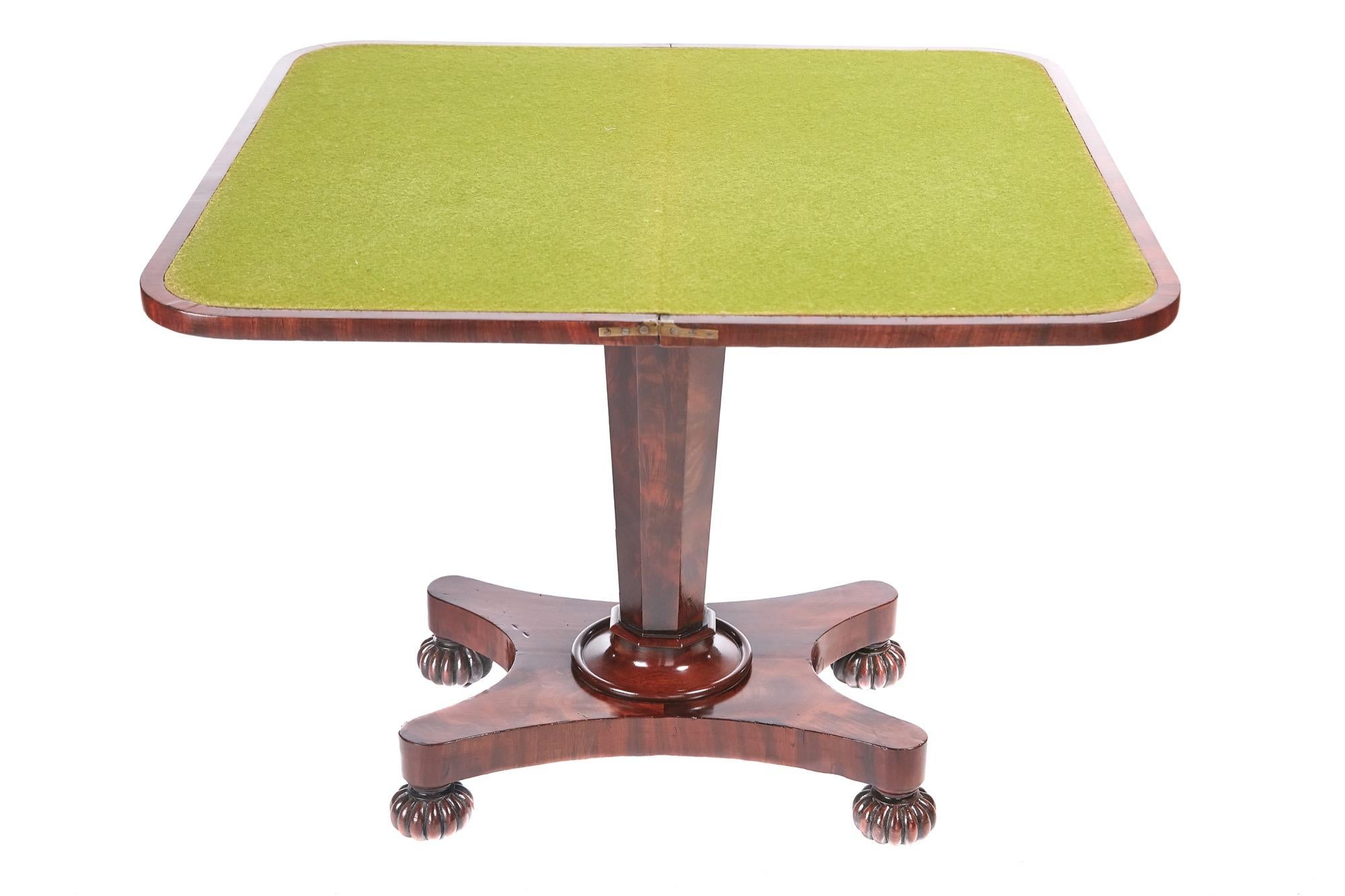 This is a quality 19th century Victorian antique mahogany card table with a lovely mahogany top that lifts up and swivels to reveal a green baize interior. It has a very attractive shaped frieze supported by a shaped turned pedestal with a collar