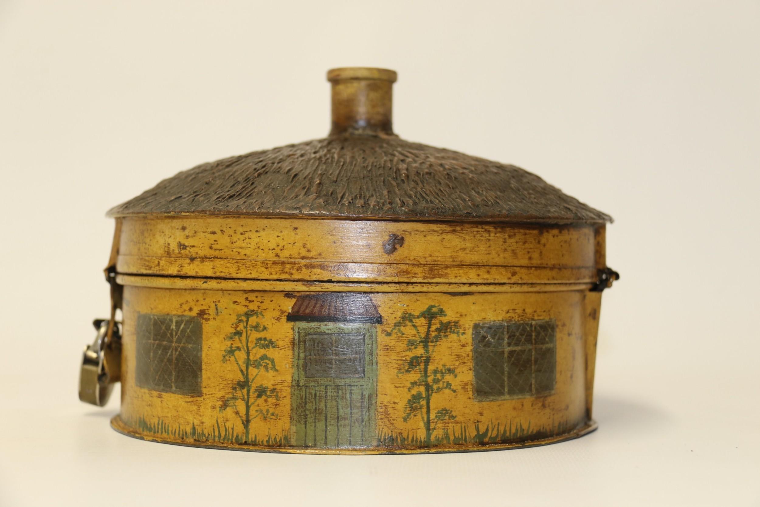 Folk Art Antique 19th Century Victorian period Hand Painted Steel Circular Spice Box