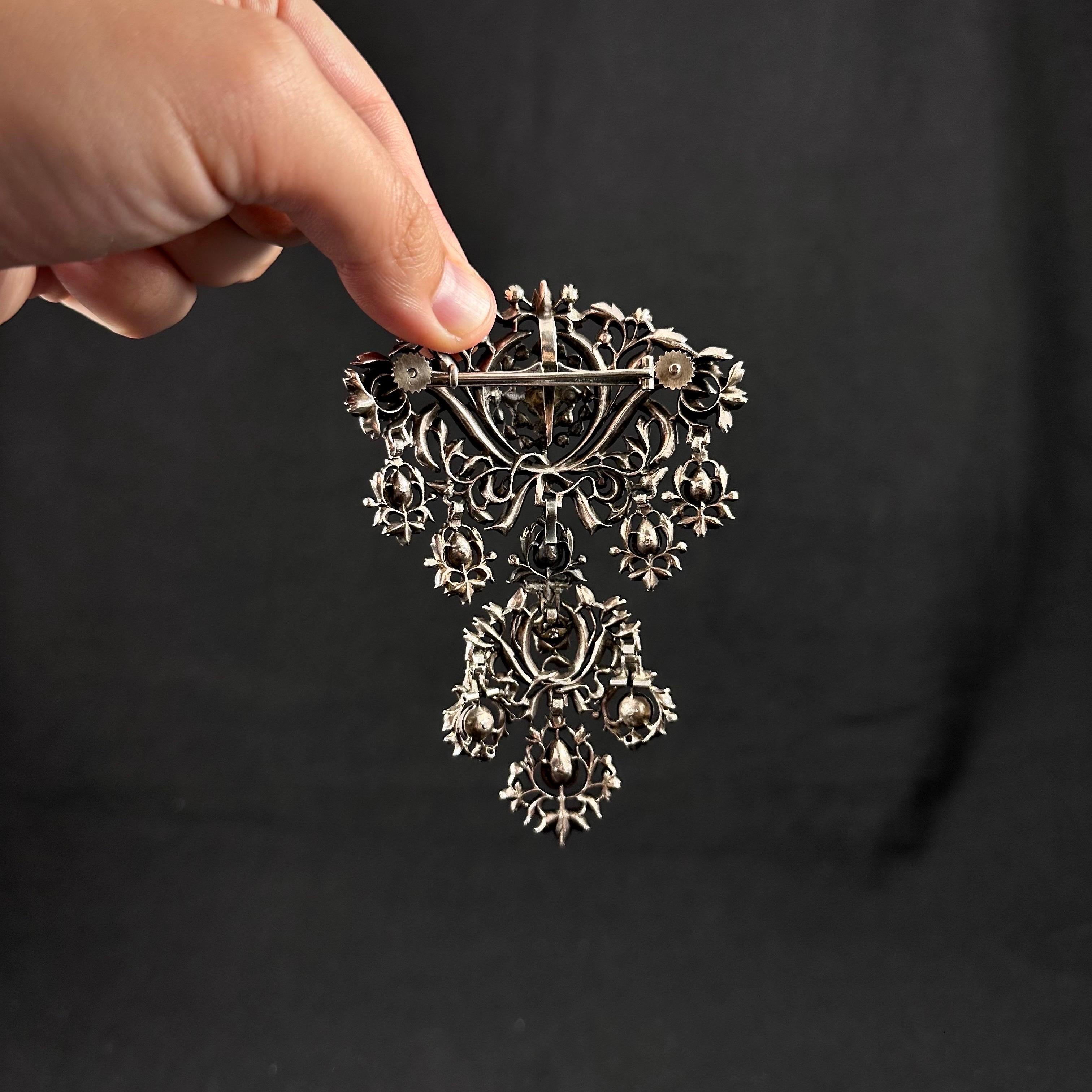 Georgian Antique 18th/19th Century Rose-Cut Diamonds Devant de Corsage Silver Portuguese For Sale