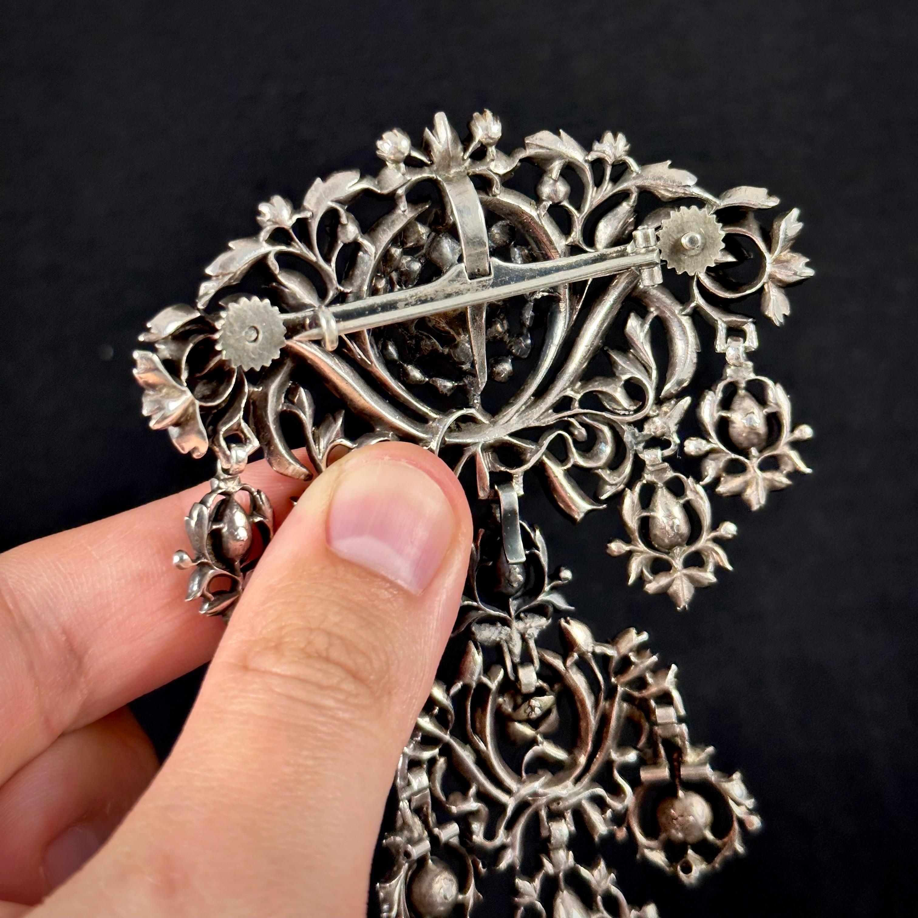 Rose Cut Antique 18th/19th Century Rose-Cut Diamonds Devant de Corsage Silver Portuguese For Sale