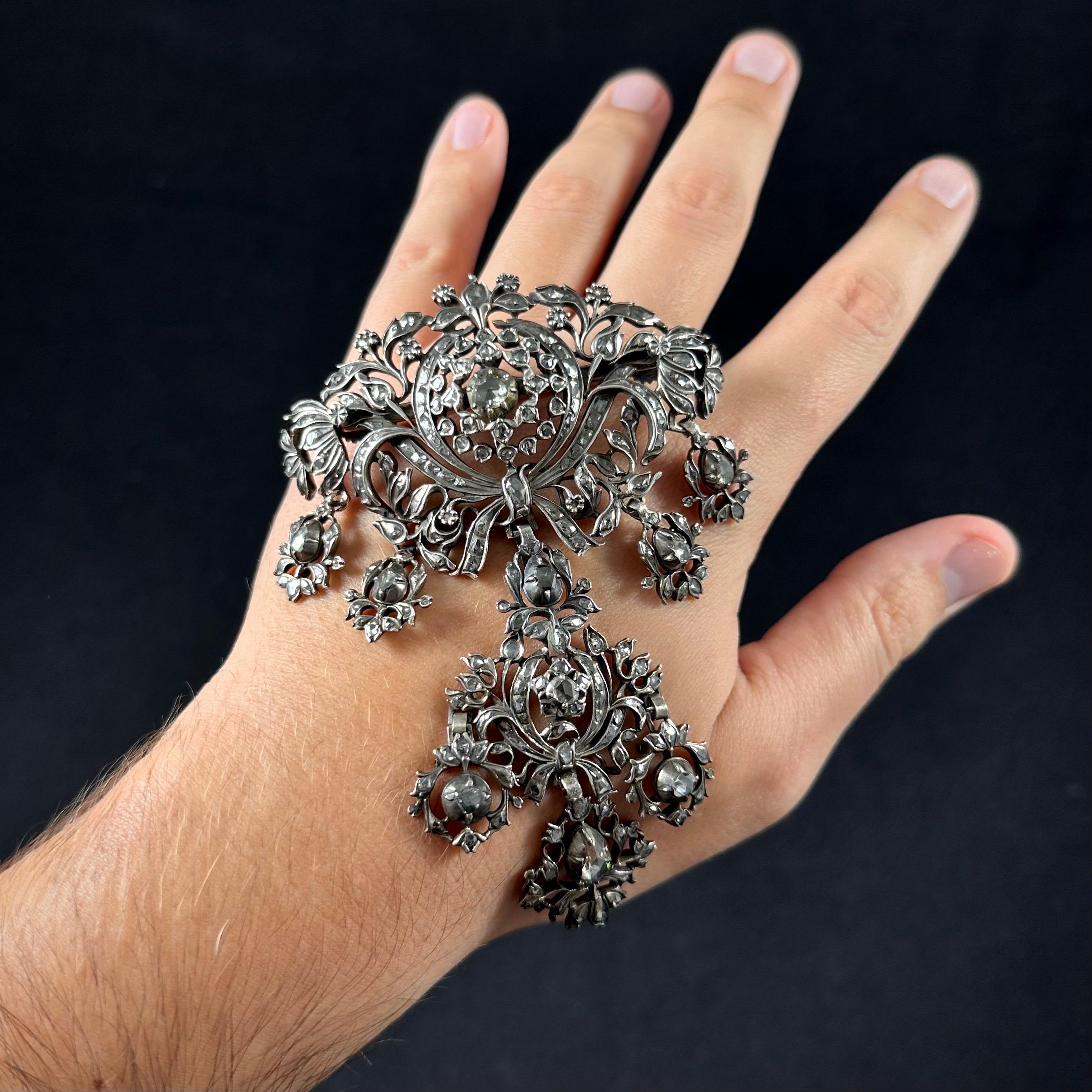 Women's or Men's Antique 18th/19th Century Rose-Cut Diamonds Devant de Corsage Silver Portuguese For Sale