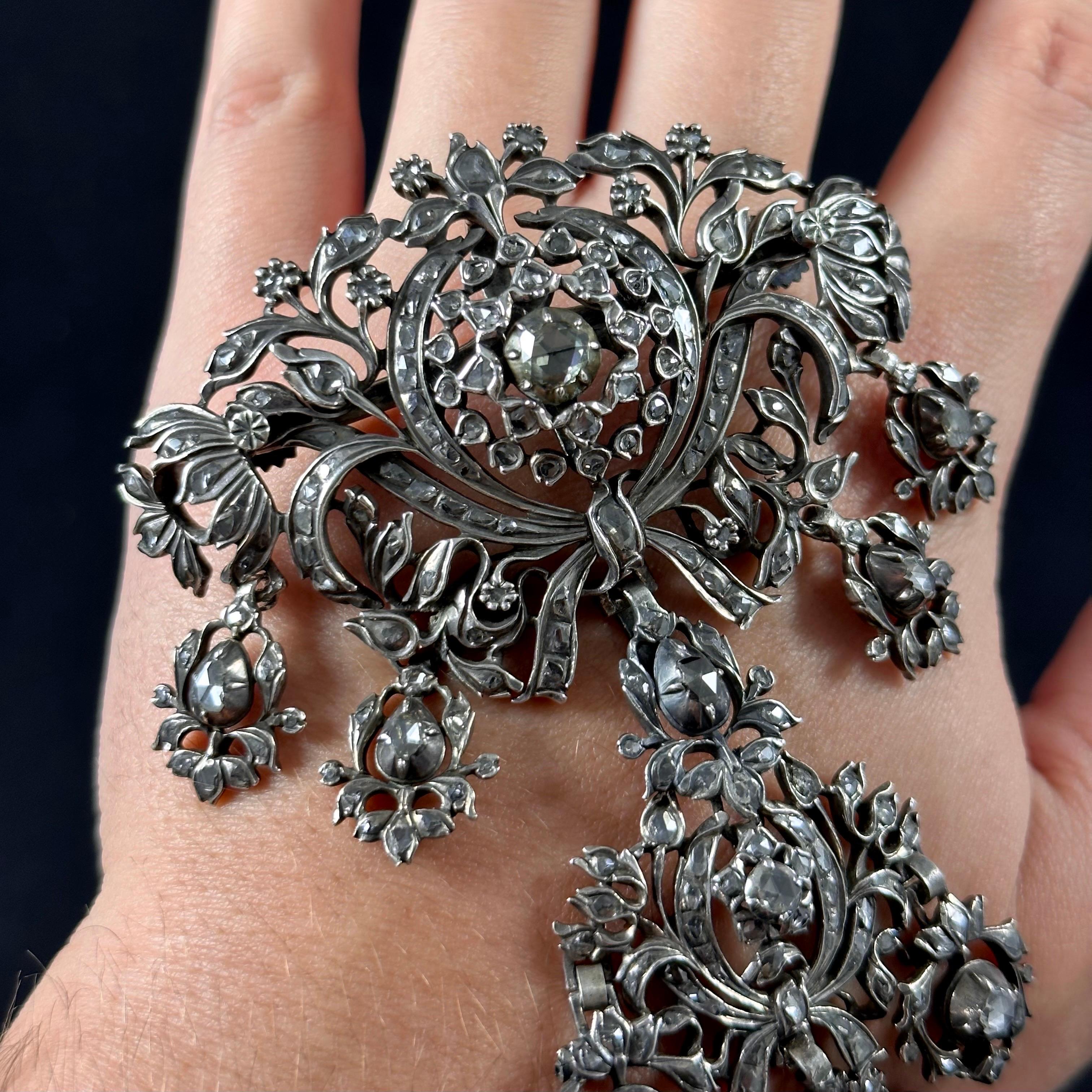 Women's or Men's Antique 18th/19th Century Rose-Cut Diamonds Devant de Corsage Silver Portuguese For Sale