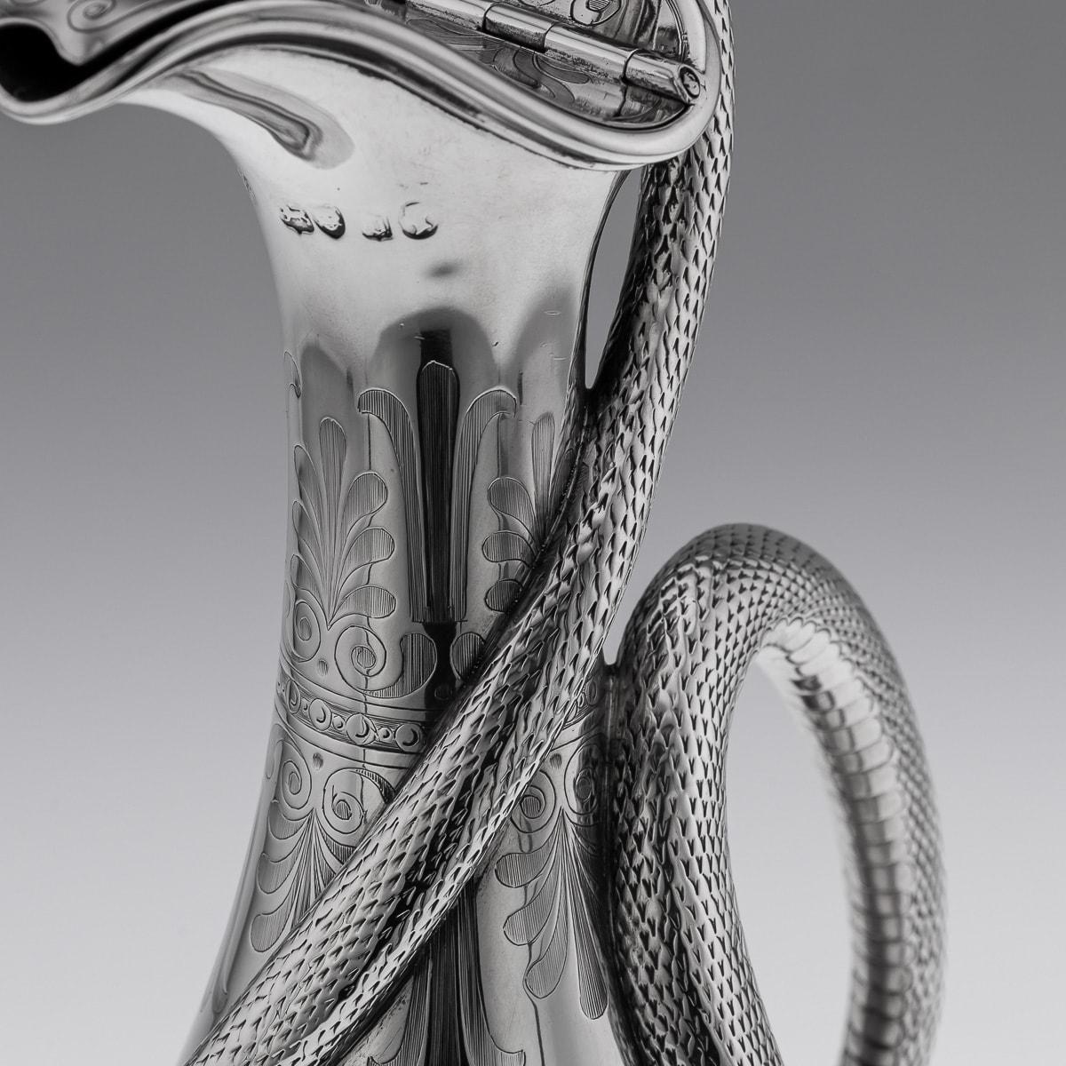 Antique 19th Century Victorian Solid Silver Snake Wine Jug, Barnards c.1859 3