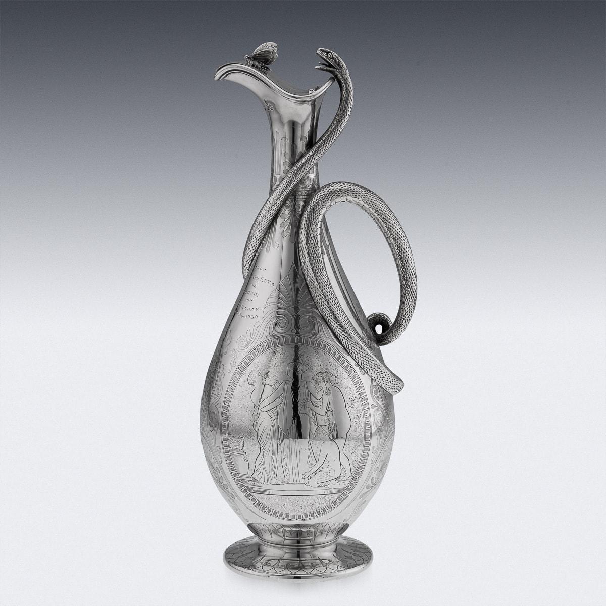Early Victorian Antique 19th Century Victorian Solid Silver Snake Wine Jug, Barnards c.1859