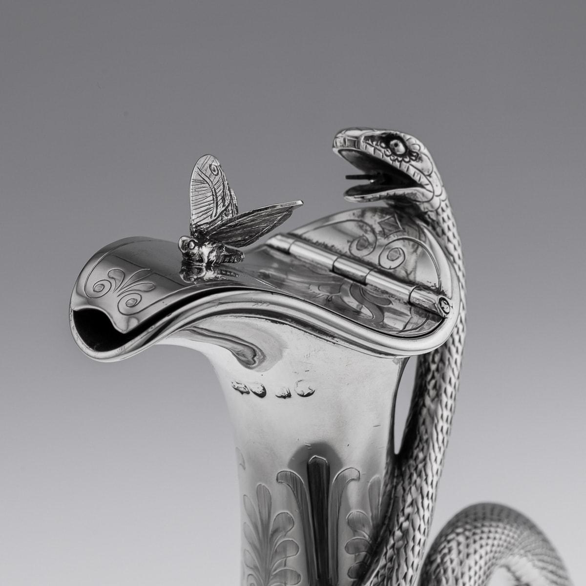 Antique 19th Century Victorian Solid Silver Snake Wine Jug, Barnards c.1859 2