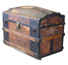 19th Century Antique Victorian Tooled Leather & Oak Dome Top Steamer Trunk Chest
