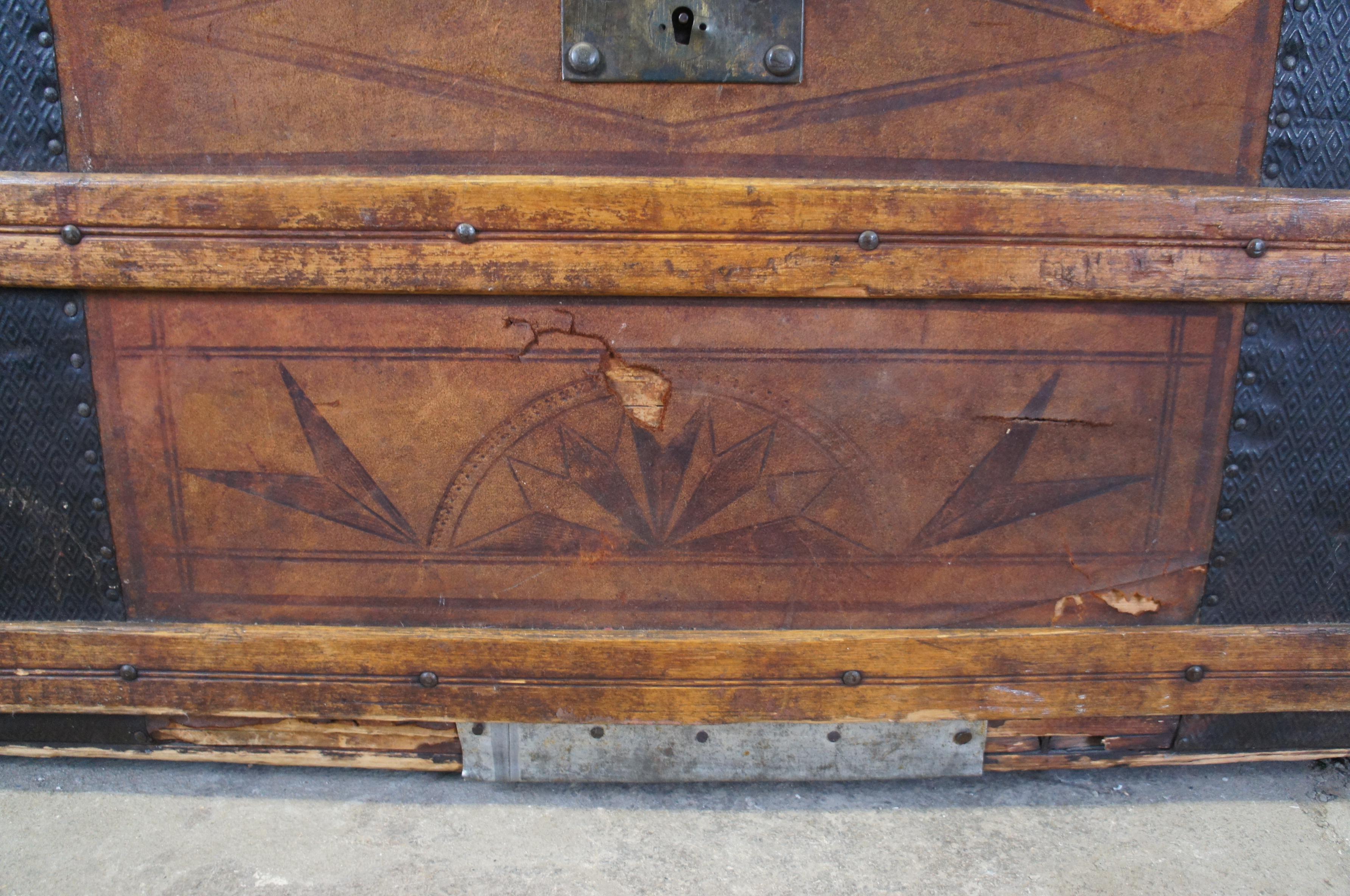 19th Century Antique Victorian Tooled Leather & Oak Dome Top Steamer Trunk Chest In Distressed Condition For Sale In Dayton, OH