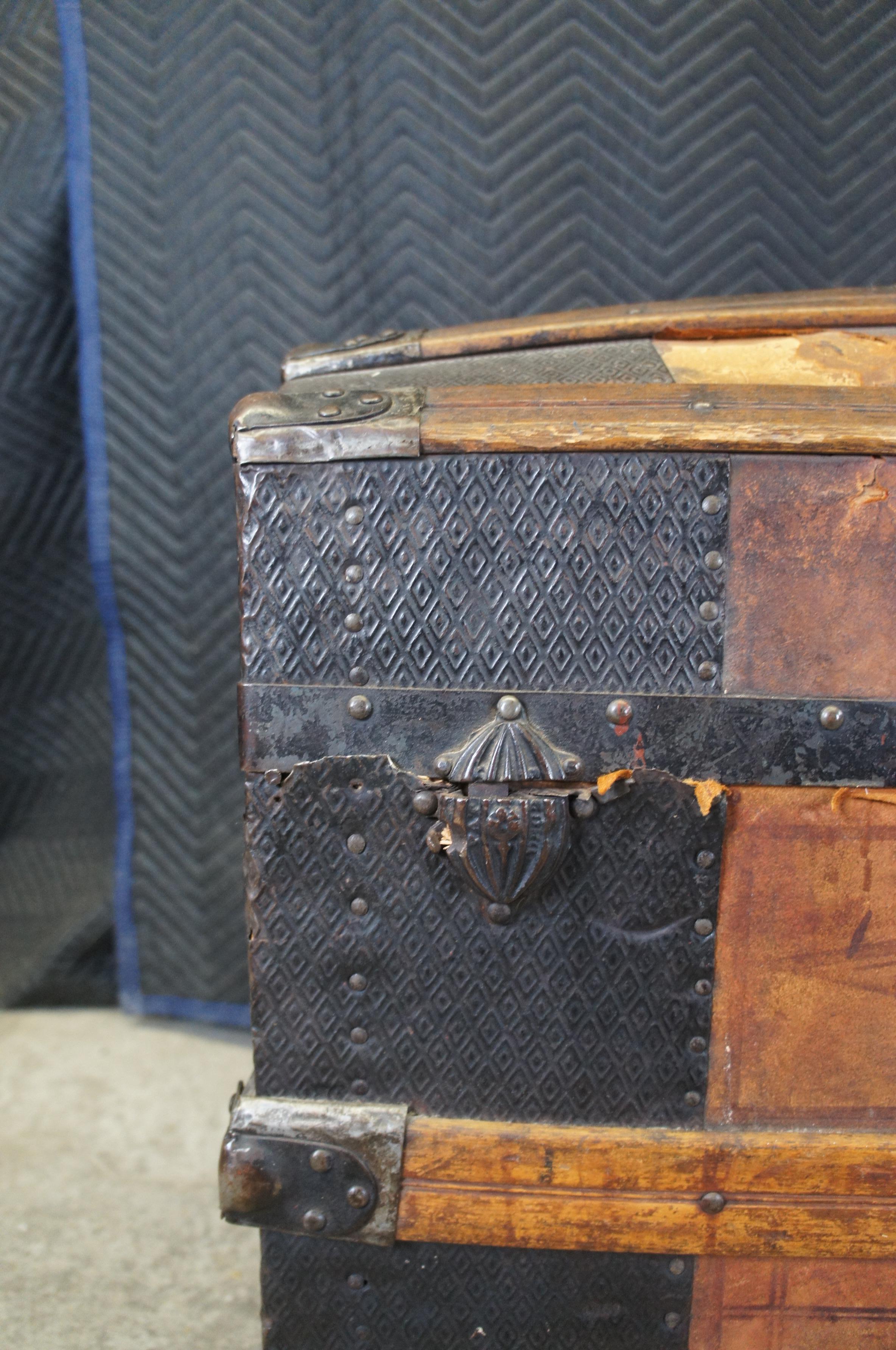 Late 19th Century 19th Century Antique Victorian Tooled Leather & Oak Dome Top Steamer Trunk Chest For Sale