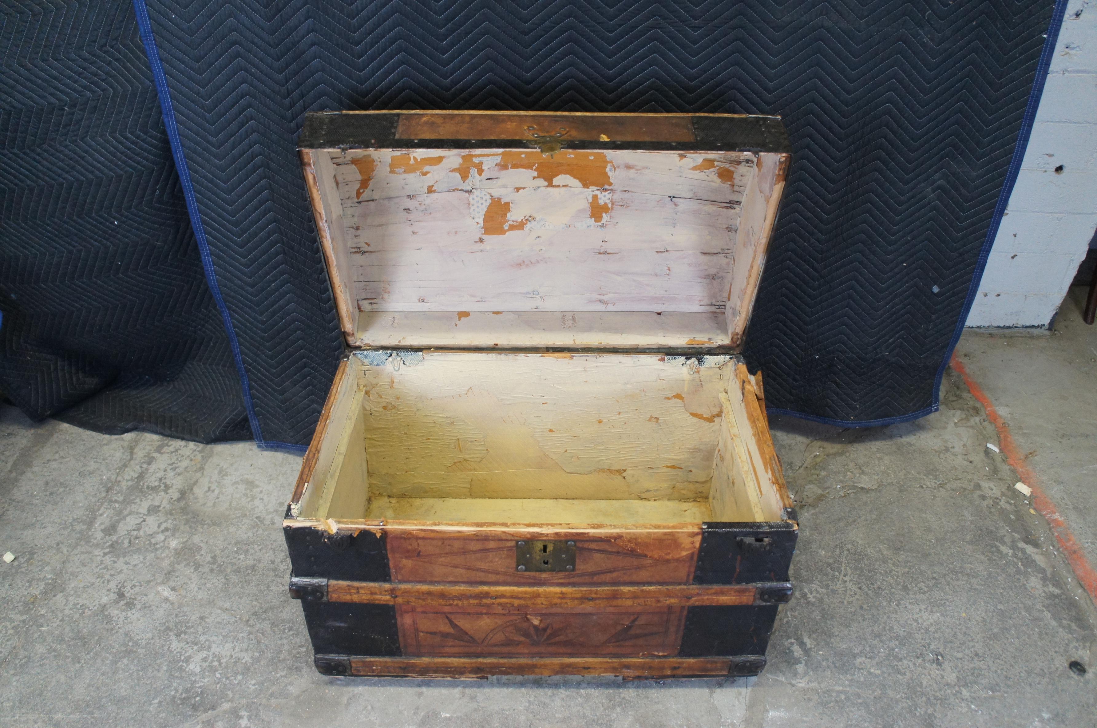 Metal Antique 19th Century Victorian Tooled Leather & Oak Dome Top Steamer Trunk Chest For Sale