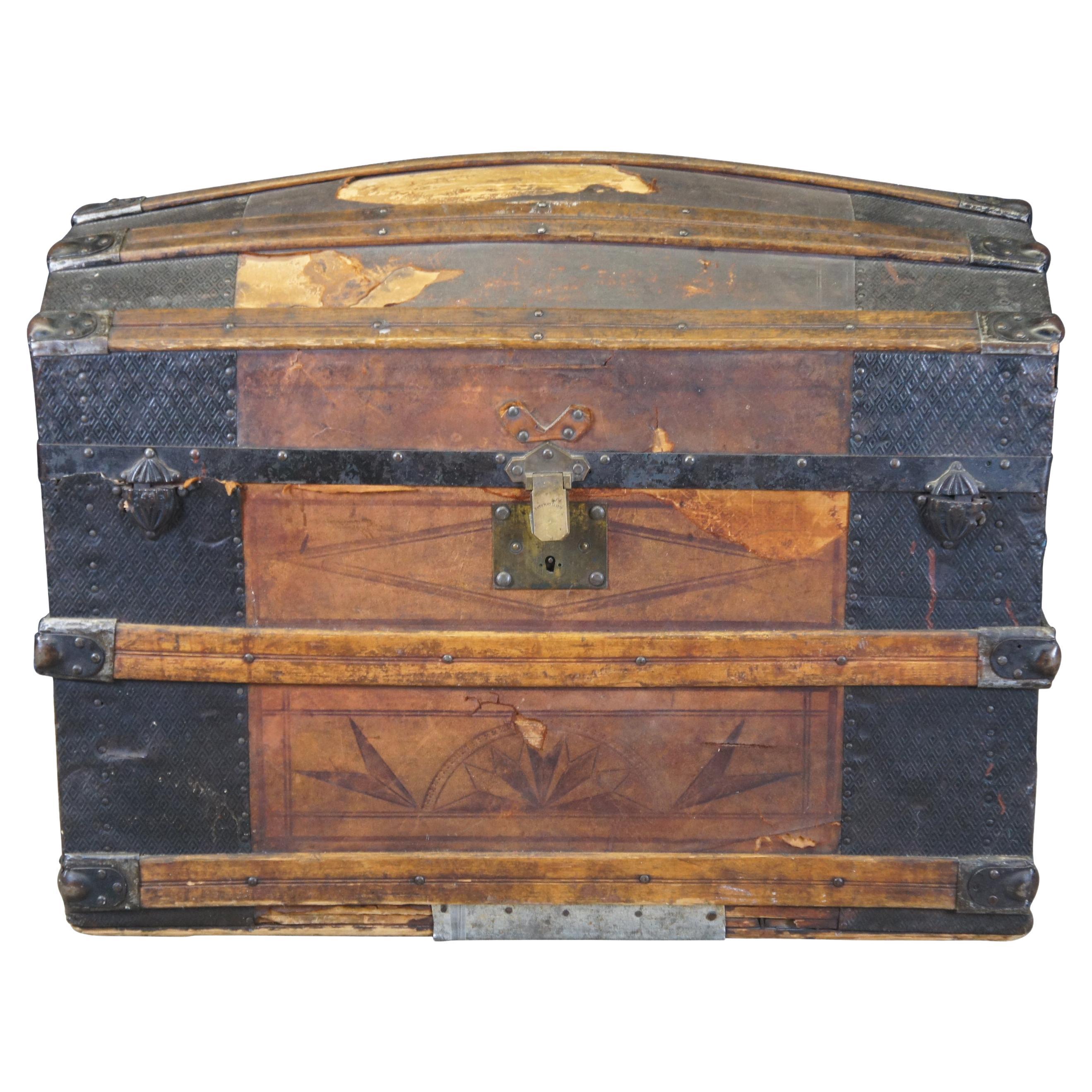 Antique 19th Century Victorian Tooled Leather & Oak Dome Top Steamer Trunk Chest For Sale