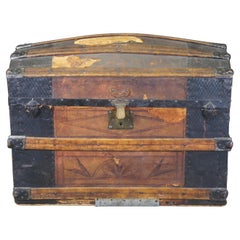 Antique 19th Century Victorian Tooled Leather & Oak Dome Top Steamer Trunk Chest
