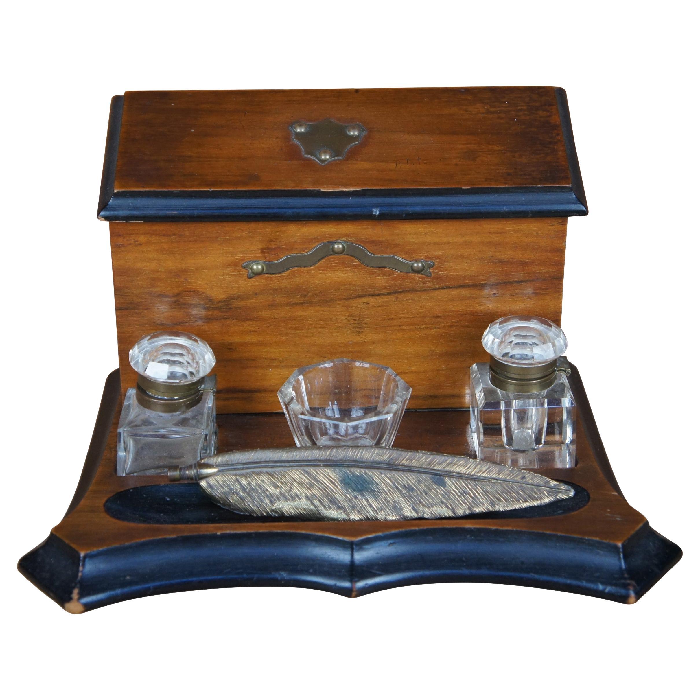 Antique 19th Century Victorian Walnut Double Inkwell Desk Letter Box Stand